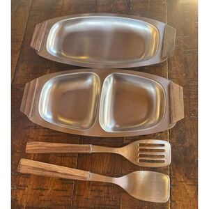MID CENTURY MODERN Vintage Stainless Steel & Wood Trays JAPAN & Utensils Relish